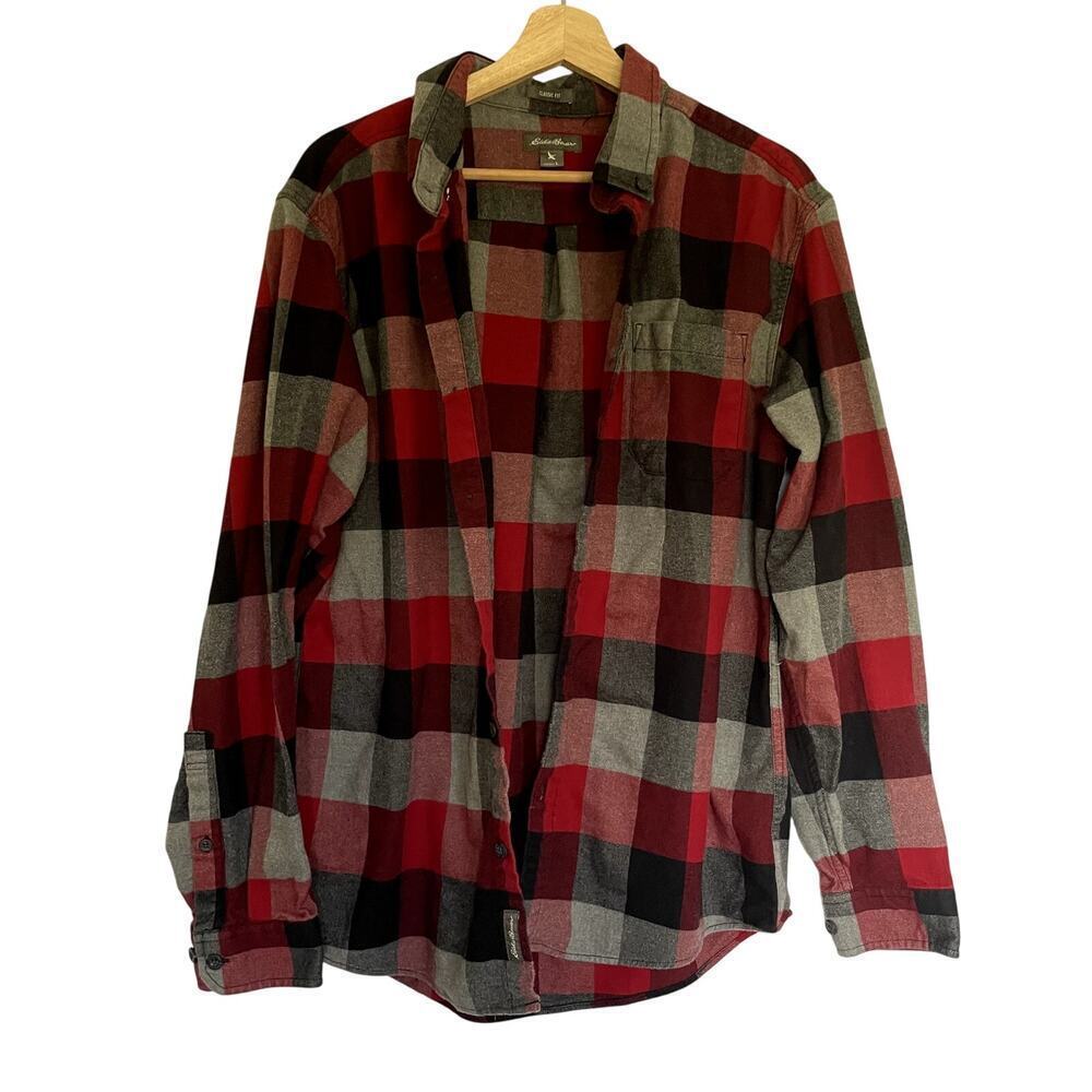 Eddie Bauer Classic Fit Button Down Shirt Large Red Gray Women Cotton Plaid